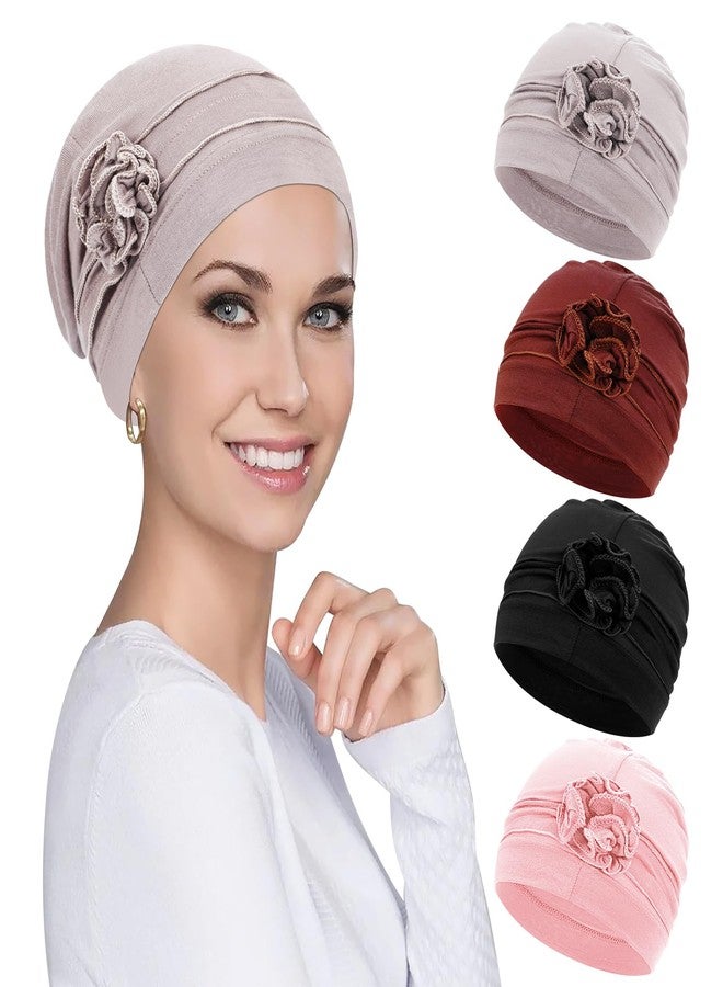 XEPST 4 Pieces Chemo Headwear Turbans Cap Beanie Hat Head Wraps Hair Coverings for Women Sleep Cap Chemo Cancer Hat with Flower Design (4 Colors) - Image 1